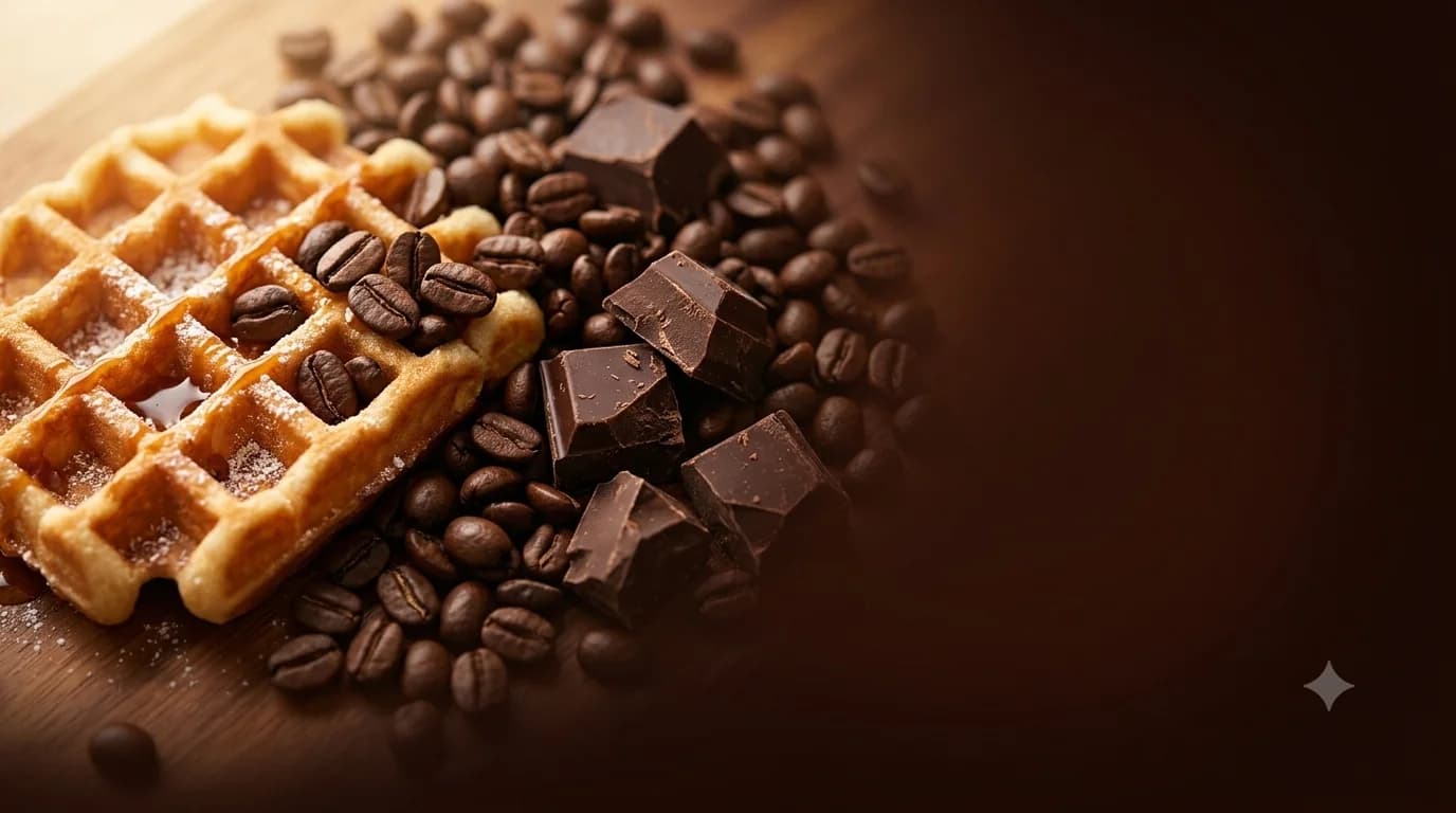 Belçika çikolatası, kavrulmuş kahve çekirdekleri ve karamelli waffle