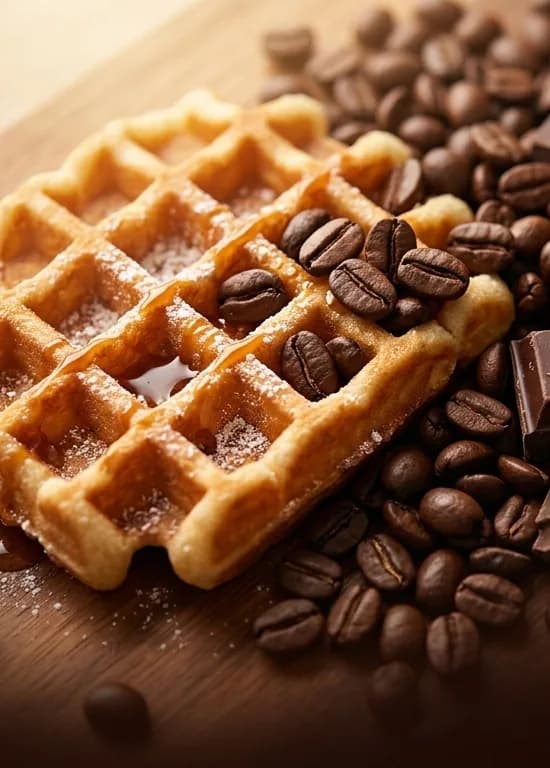 Karamel soslu taze waffle ve kahve çekirdekleri